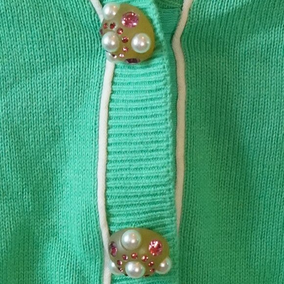 Cabi, Wallis Cardigan, Cropped Rhinestone Pearl Button Sweater, Julep, Green - Picture 4 of 7